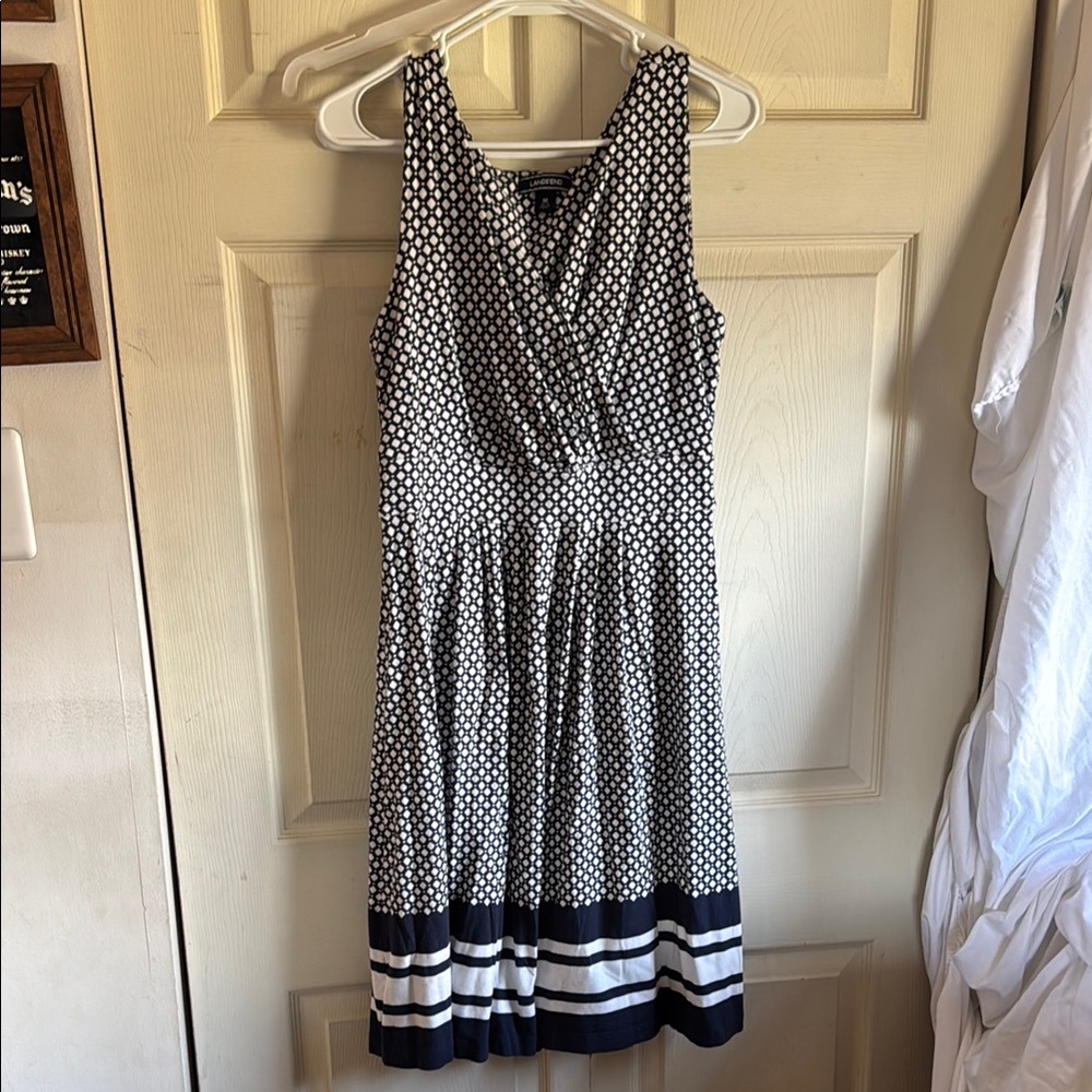 Lands' End Navy and White Polka Dot Sleeveless Fit-and-Flare Dress